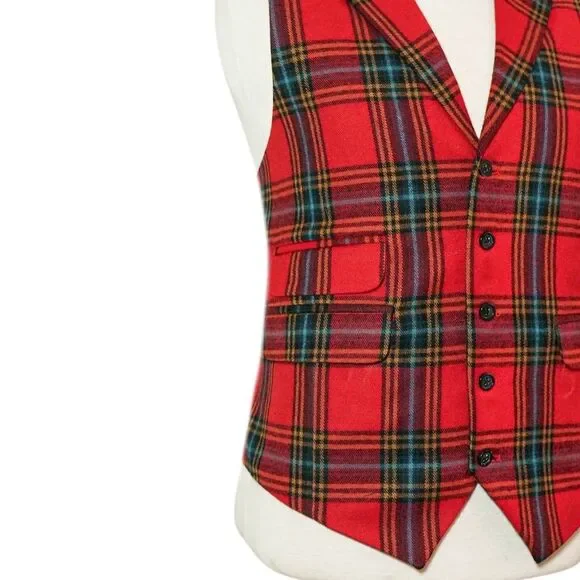 Mens 46R Red Blue Orange Wool Plaid Waistcoat Vest Formal Wedding Preppy Casual